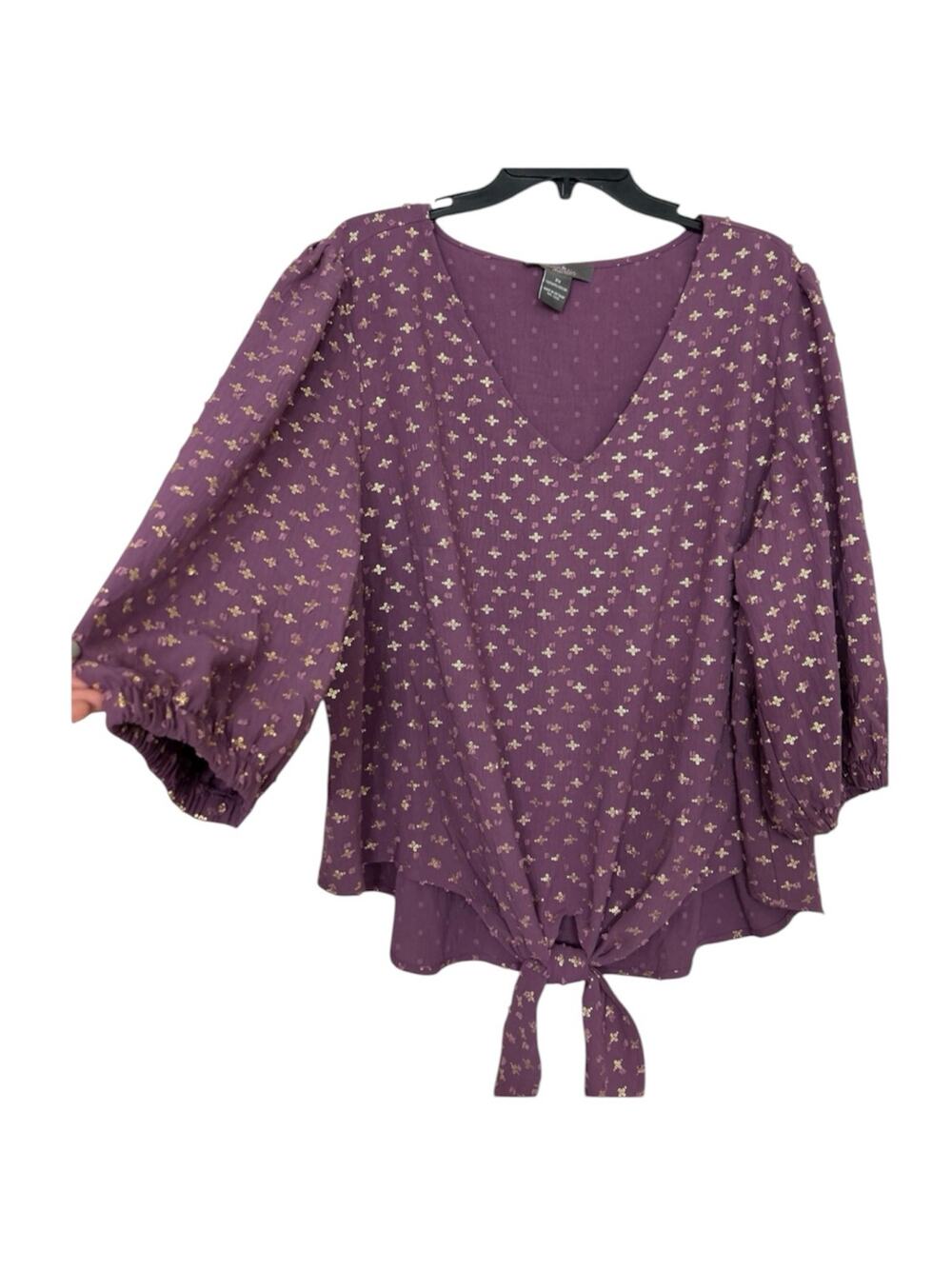 Olivia & Martin 2X Plum Gold Metallic Swiss Dot Tie Front Boho Blouse Top NWT